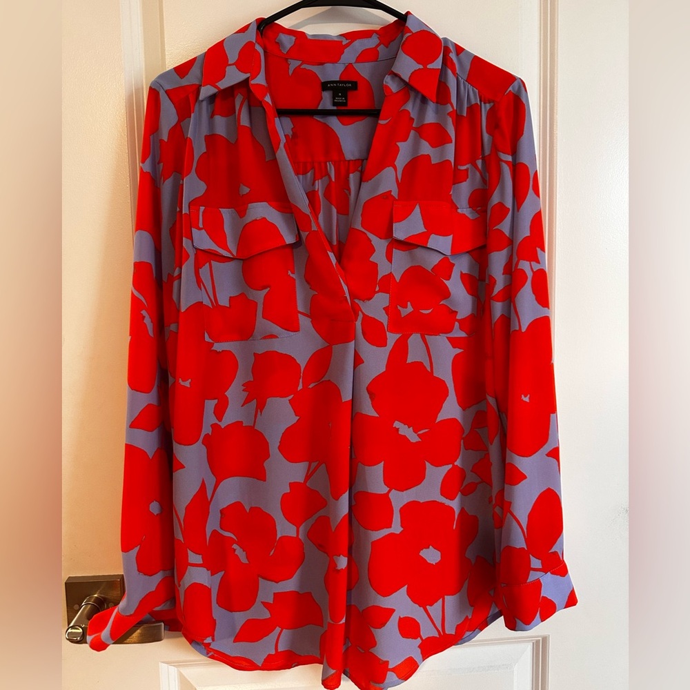 Ann Taylor Red Floral Button-Down Blouse on Lavender Background